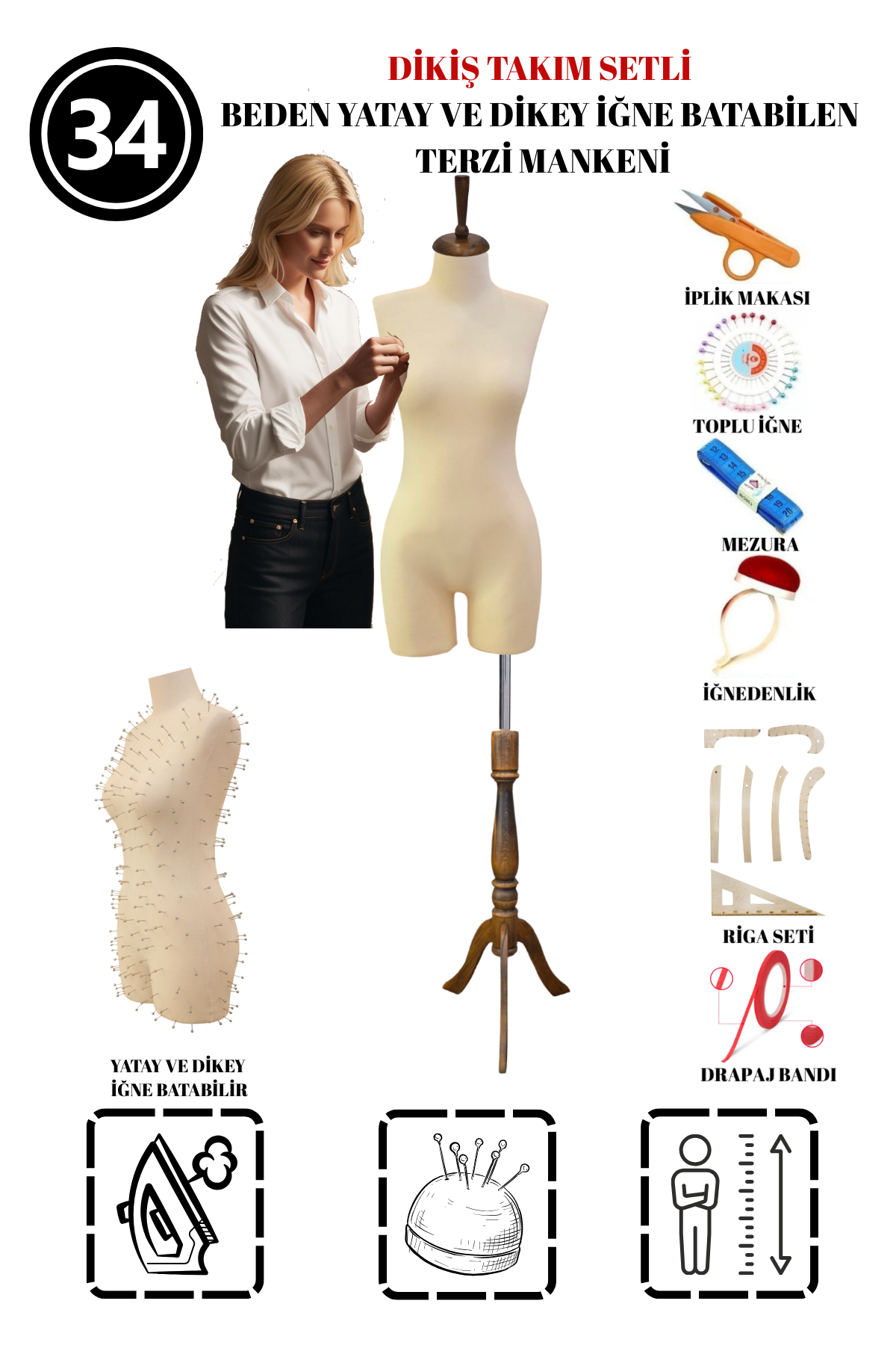 Dikiş Takım Setli 34 Beden Pantolon Giyebilen Terzi Mankeni