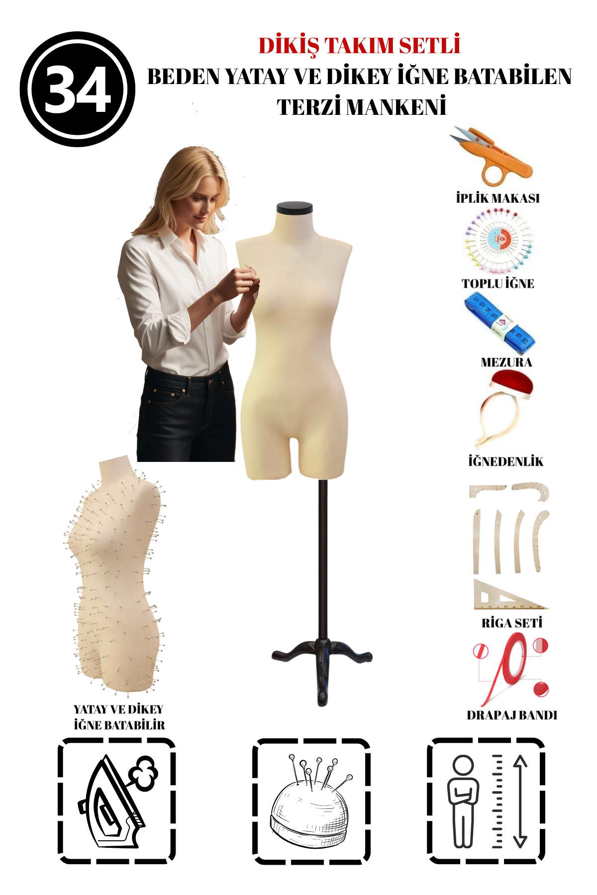 Dikiş Takım Setli 34 Beden Pantolon Giyebilen Terzi Mankeni