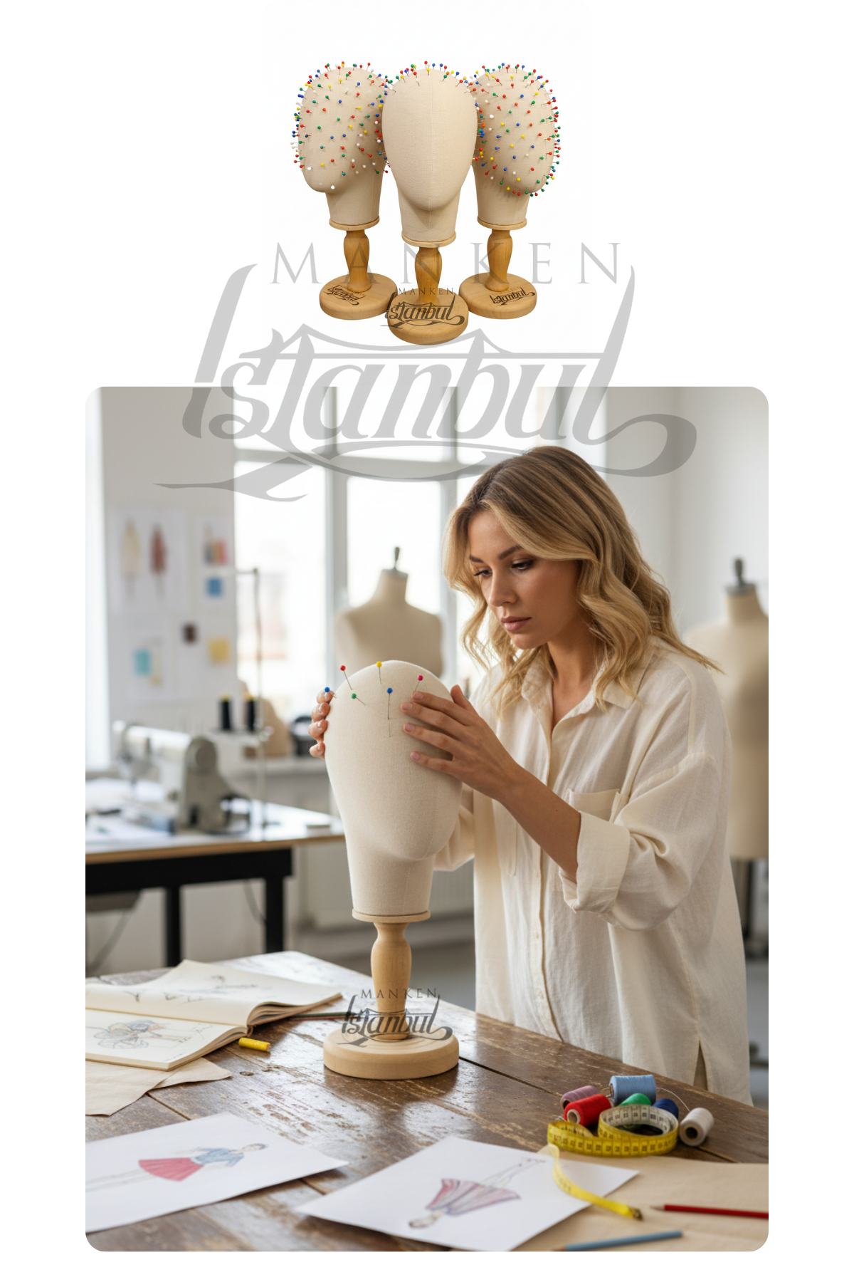 Dik Ve Yatay İğne Batabilen Bayan Kumaş Kaplı Kafa Mankeni