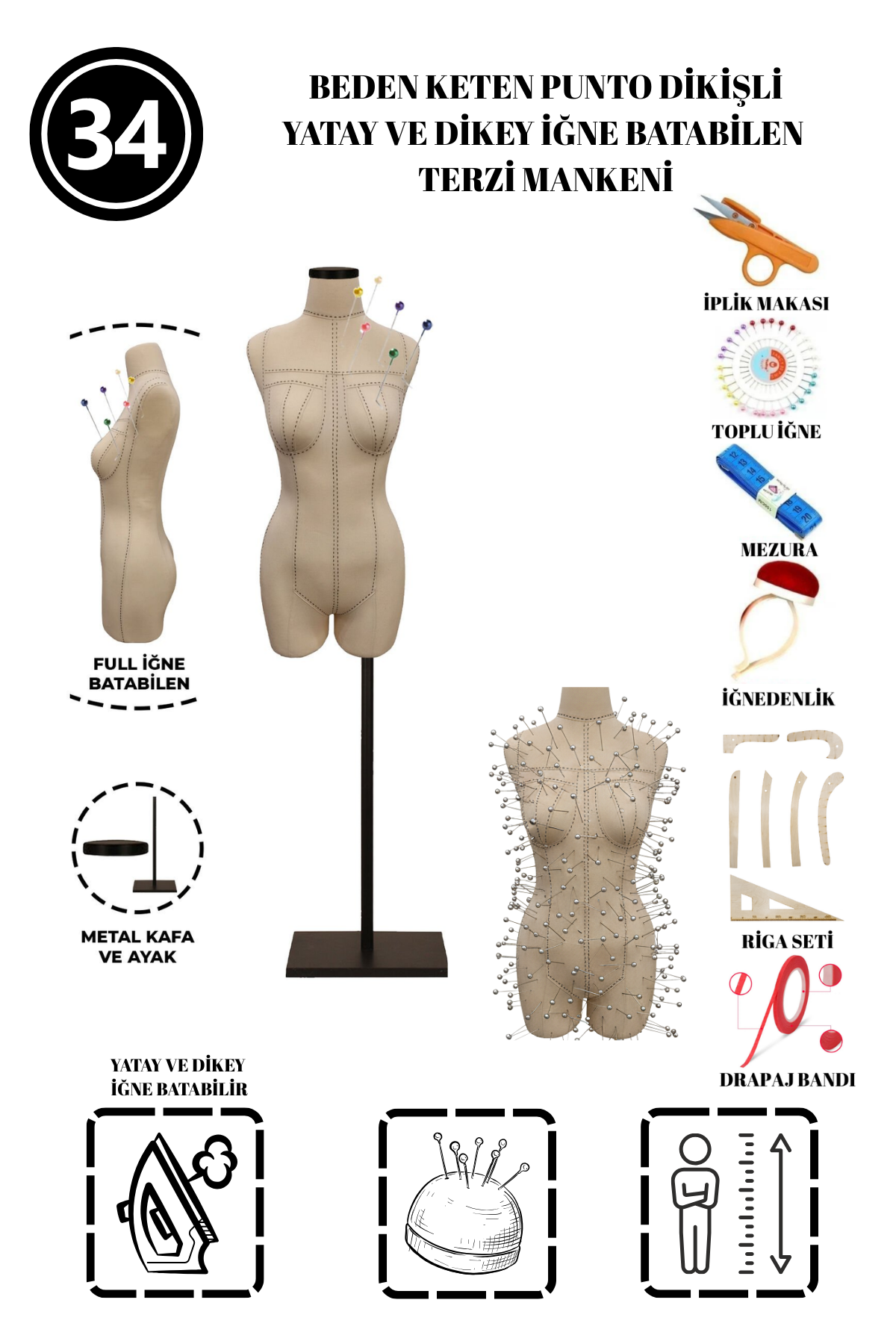 Dikiş Takım Setli 34 Beden Özel Kumaş Pantolon Giyebilen Terzi Mankeni