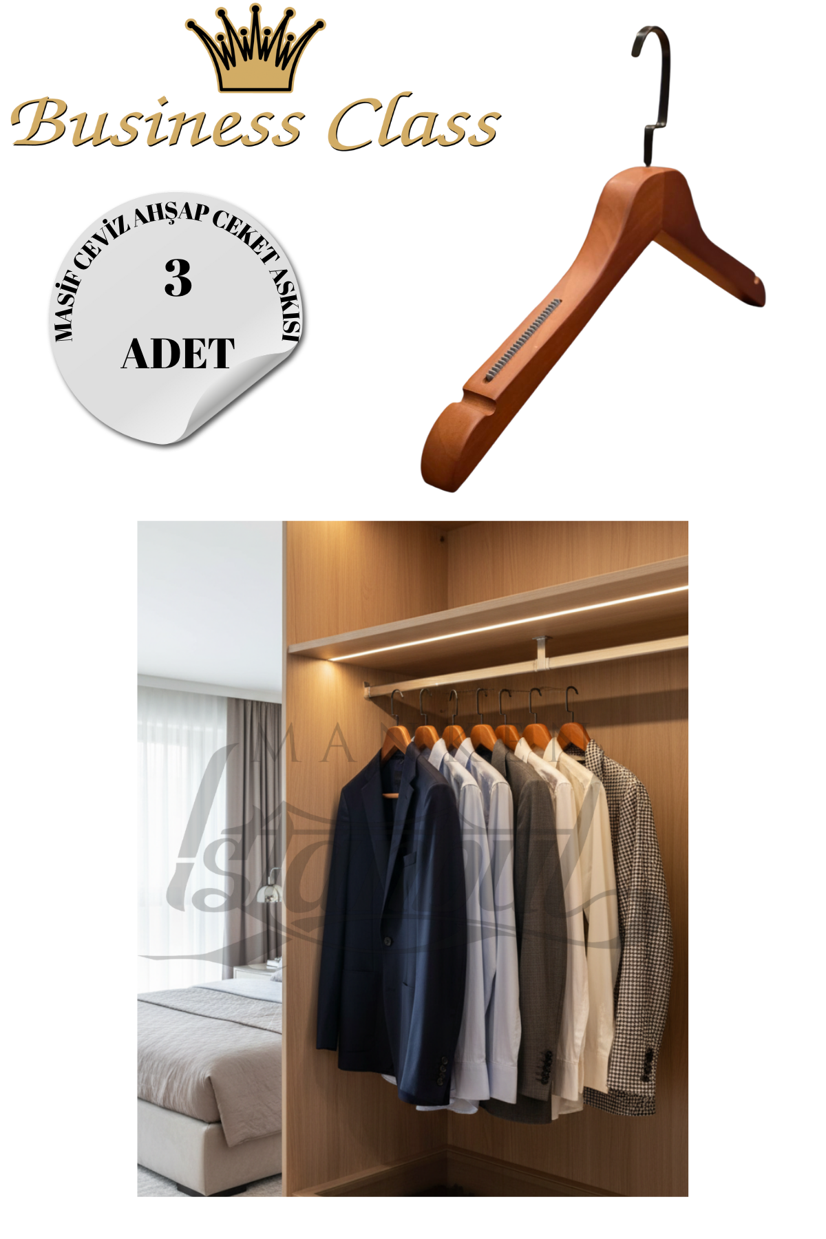 Business Class 44 Cm İtalyan Kanca Masif Ahşap Takım Elbise Askısı Palto Askısı Ceket Askısı