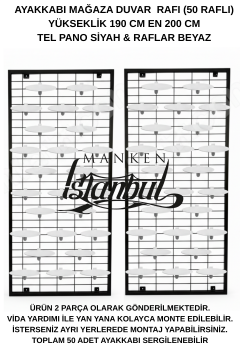 190x200 Beyaz Raflı 50 adet Ayakkabı Raflı Duvara Monte Tel Pano Standı