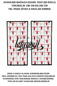 190x200 Kırmızı Raflı 50 adet Ayakkabı Raflı Duvara Monte Tel Pano Standı