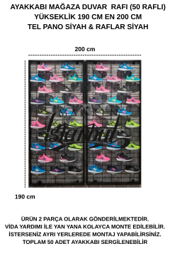 190x200 50 adet Ayakkabı Raflı Duvara Monte Tel Pano Standı
