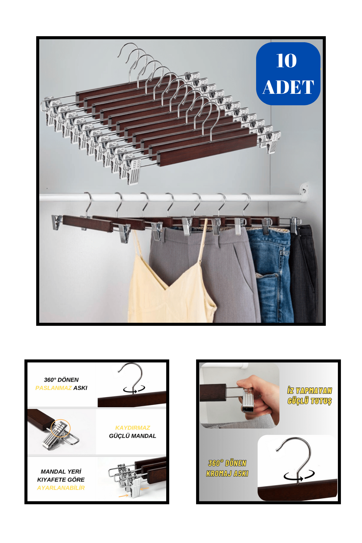 Delüks 10 Adet Beyaz Ahşap Pantolon Askısı Etek Askısı Kıyafet Askısı