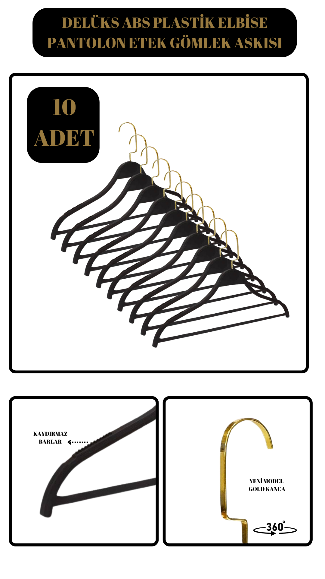 10 Adet Gold Kancalı Abs Plastik Elbise Askısı Kıyafet Askısı