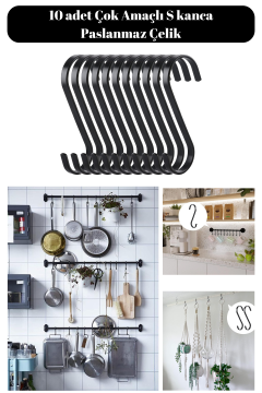 Paslanmaz 10 Adet Çelik S Kanca Mutfak Banyo Depo Kancası