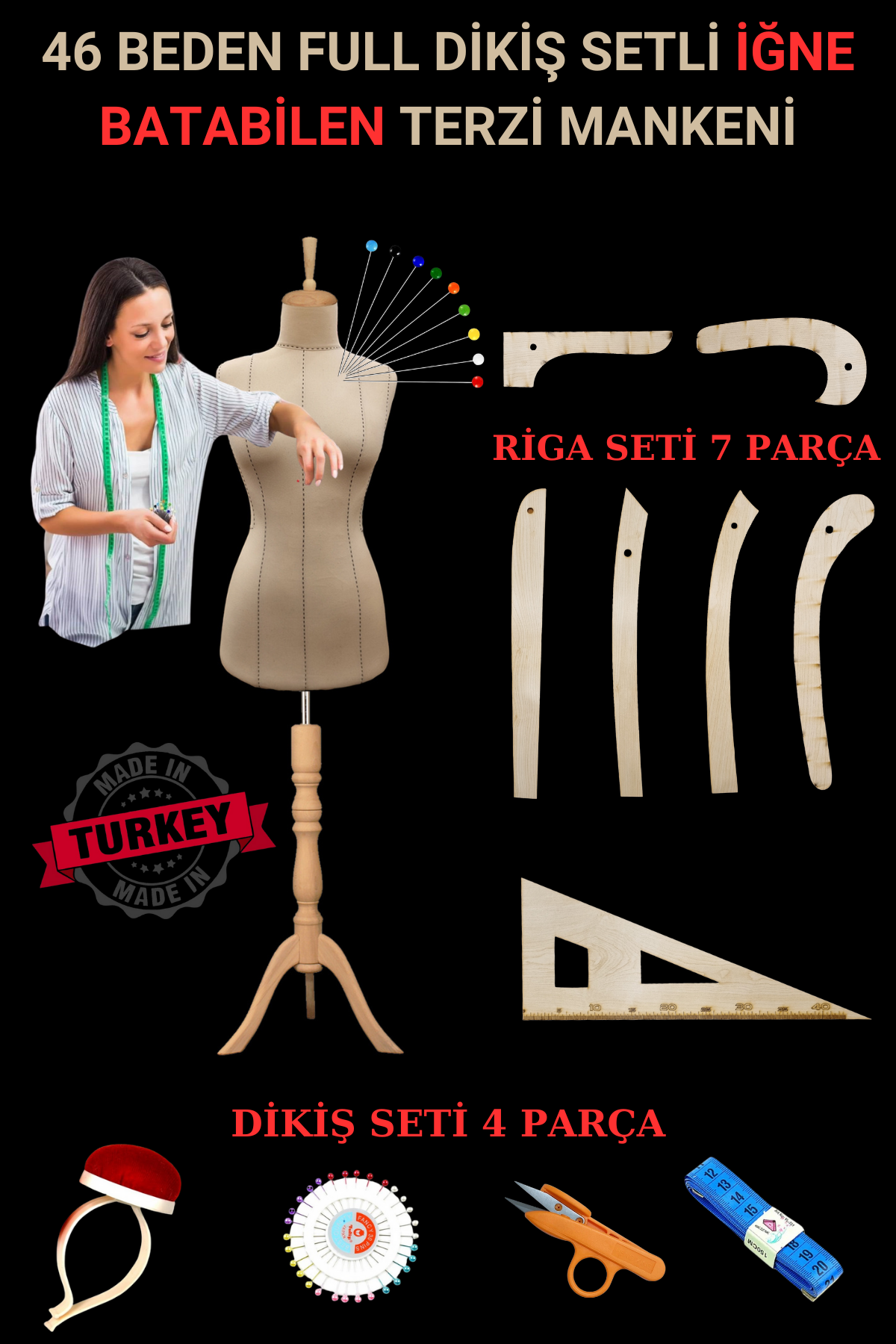 Riga - Dikiş Setli Punto Sünger Terzi Mankeni Prova Mankeni 46 beden