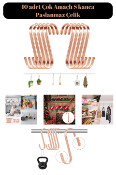 Paslanmaz 10 Adet Çelik S Kanca Mutfak Banyo Depo Kancası