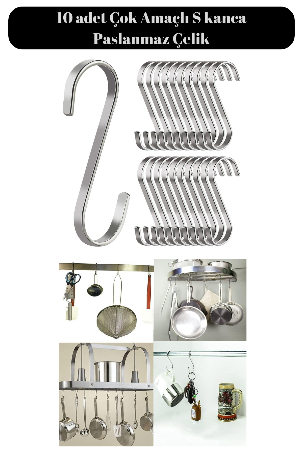 Paslanmaz 10 Adet Çelik S Kanca Mutfak Banyo Depo Kancası