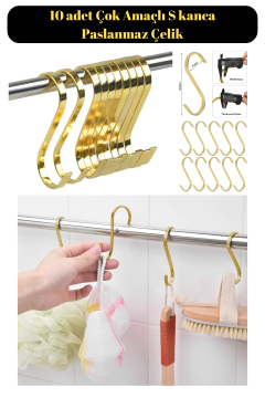 Paslanmaz 10 Adet Çelik S Kanca Mutfak Banyo Depo Kancası Gold
