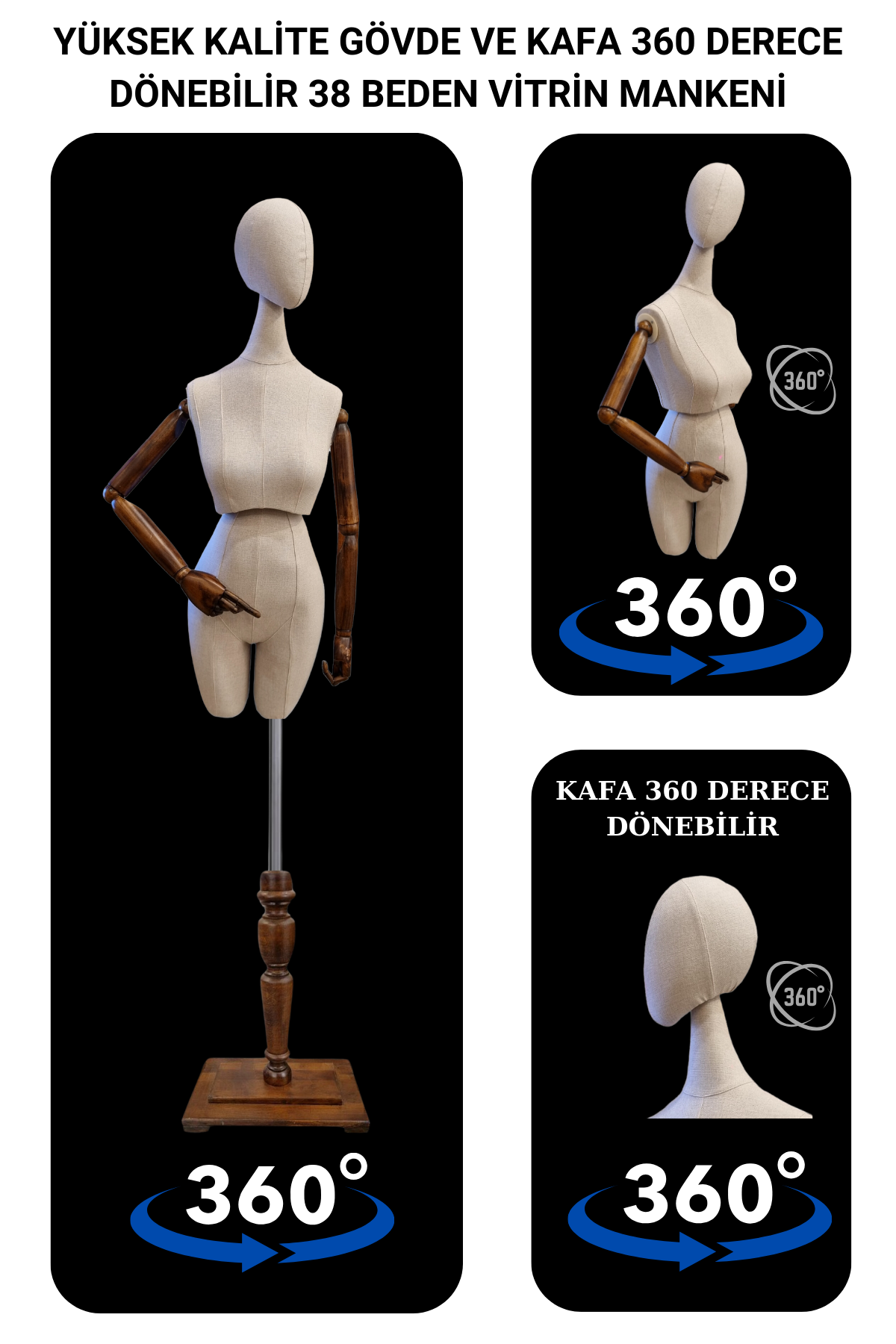 Yüksek Kalite Gövde ve Kafa 360 Derece Dönebilen Vitrin Mankeni