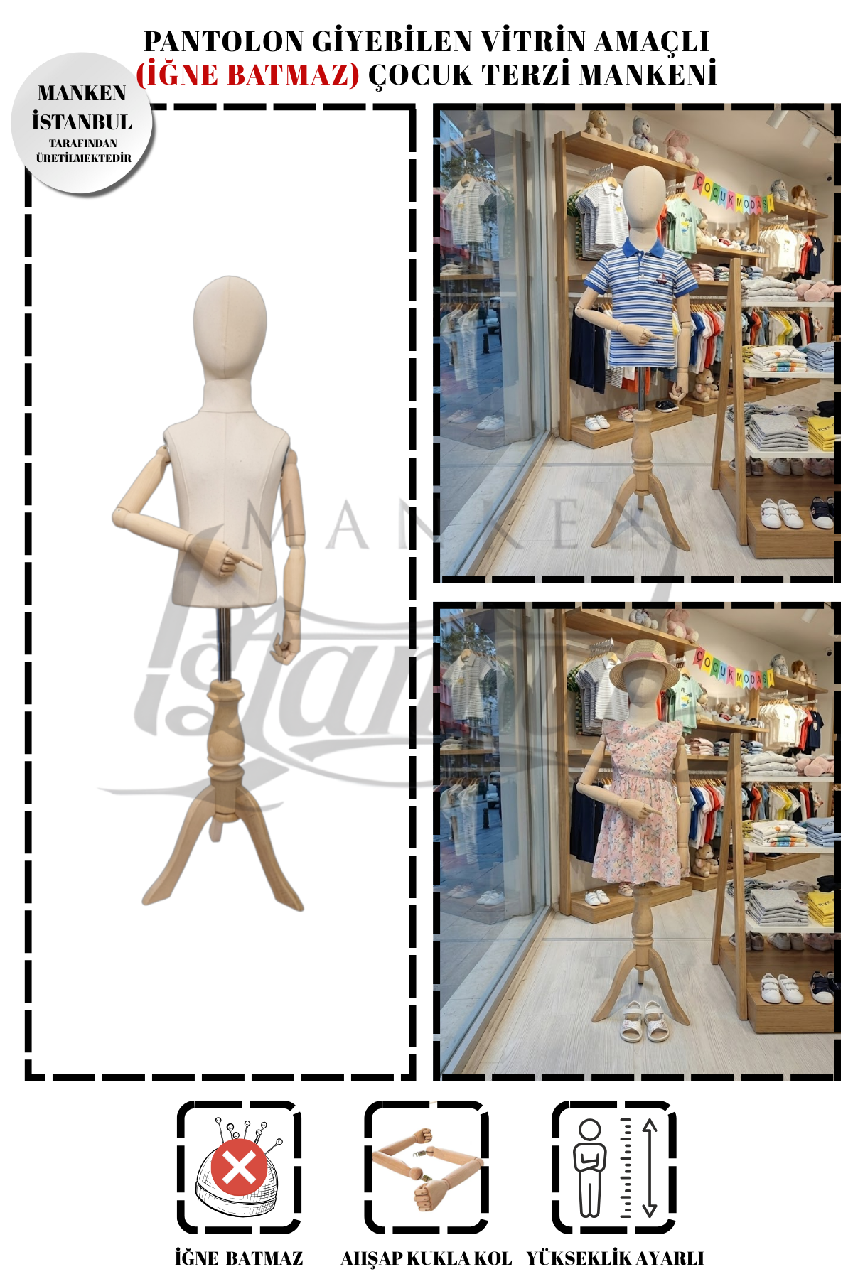 Ahşap Kollu Çocuk Terzi Mankeni Vitrin Mankeni