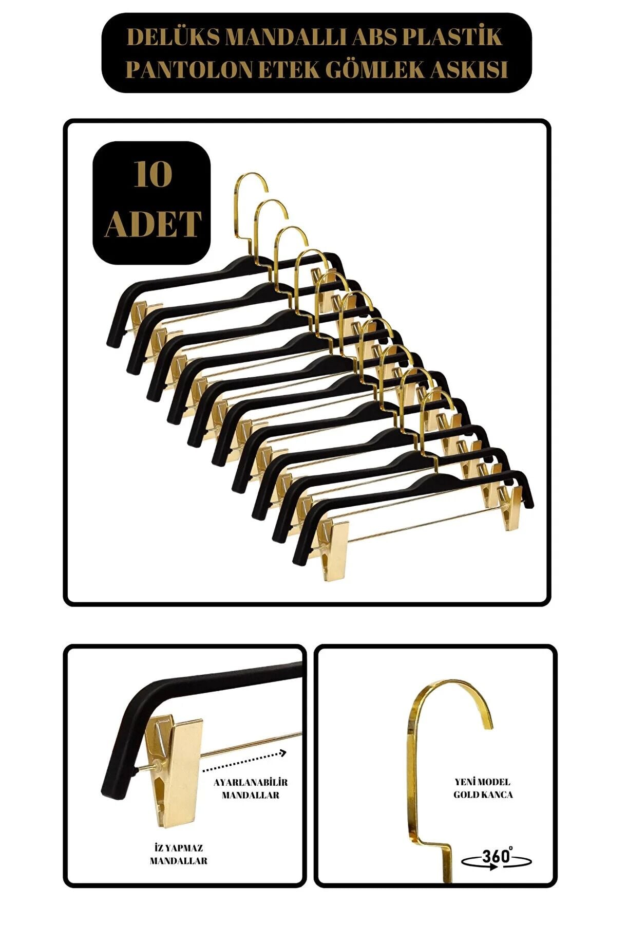 10 Adet Gold Kancalı Abs Plastik Mandallı Elbise Askısı Kıyafet Askısı