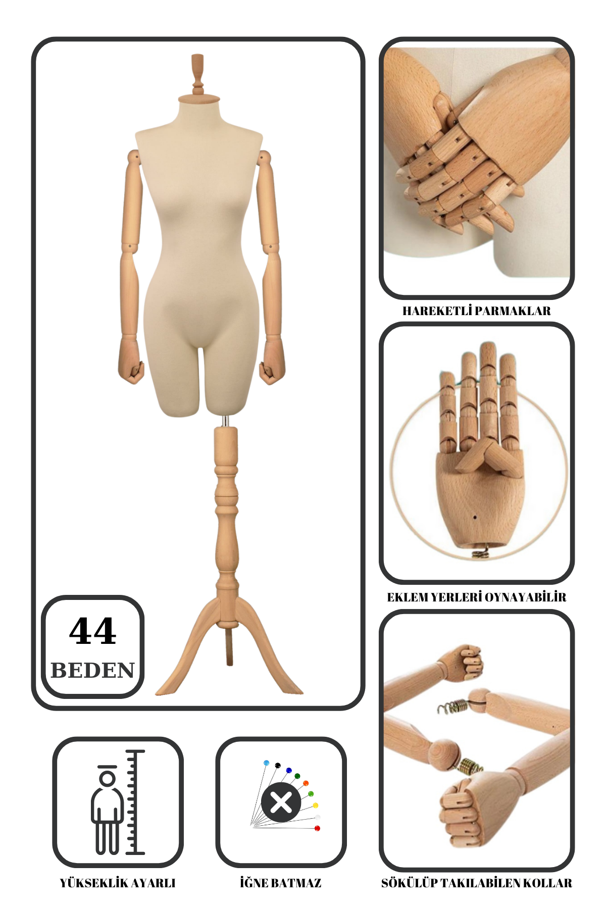 Çengel Aparatlı Pantolon Giyebilen Ahşap Kollu Terzi Mankeni 44 beden