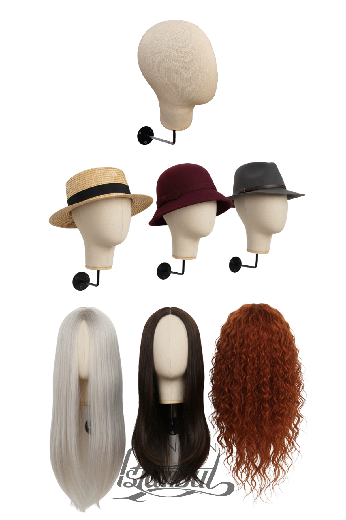 Duvara Monte Bayan Kumaş Kaplı Kafa Mankeni