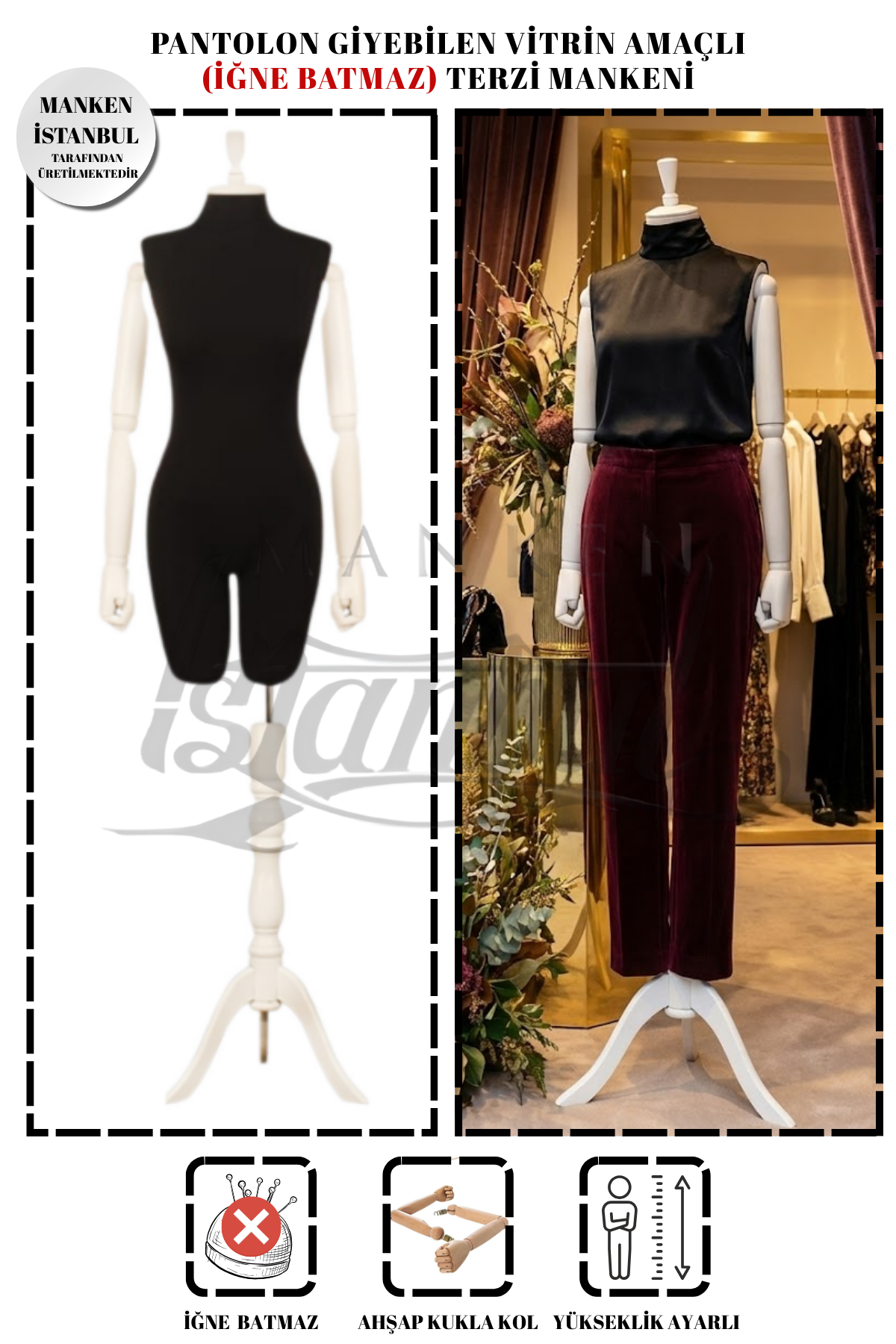 Pantolon Giyebilen Ahşap Kollu Terzi Mankeni Vitrin Mankeni