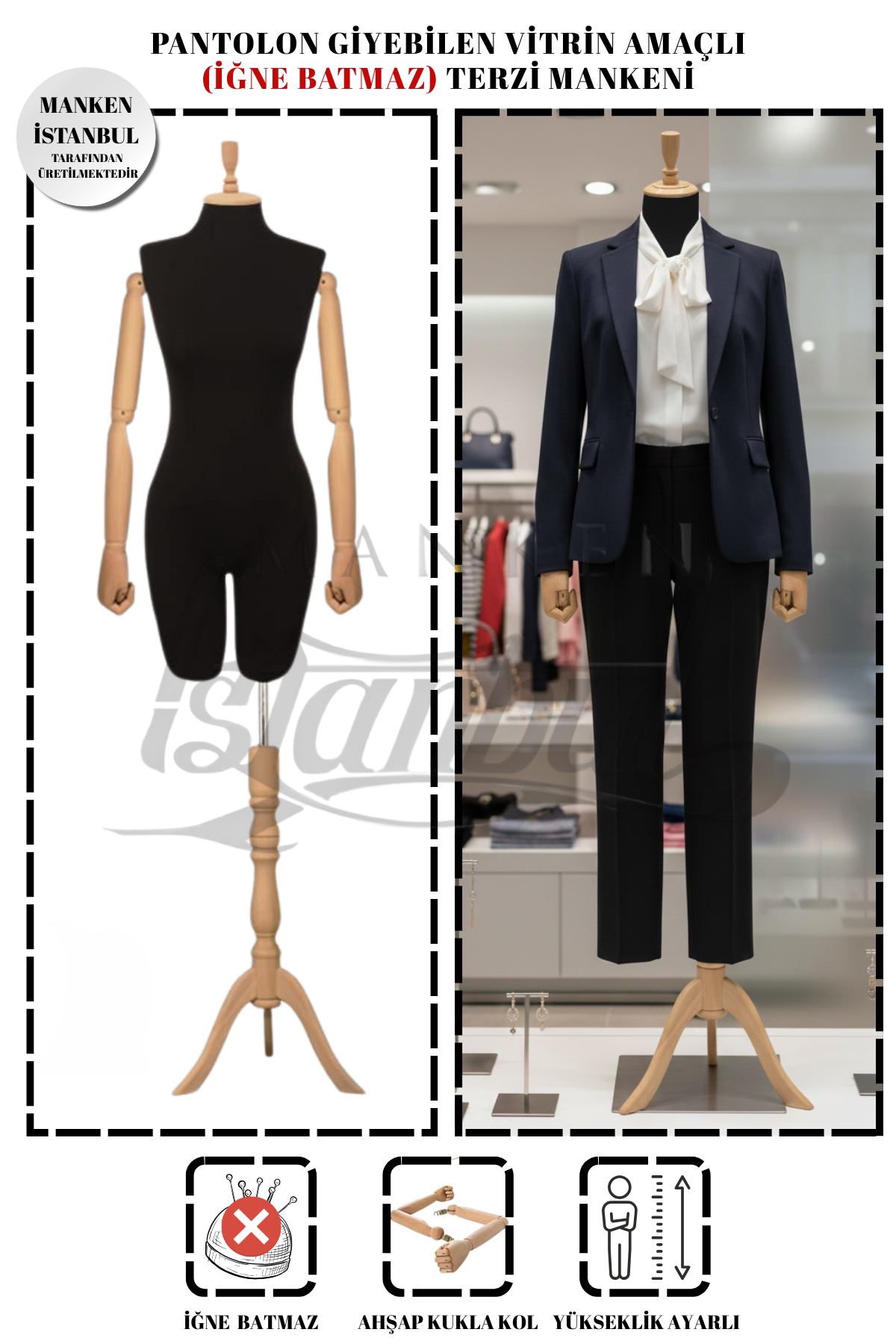 Pantolon Giyebilen Ahşap Kollu Terzi Mankeni Vitrin Mankeni
