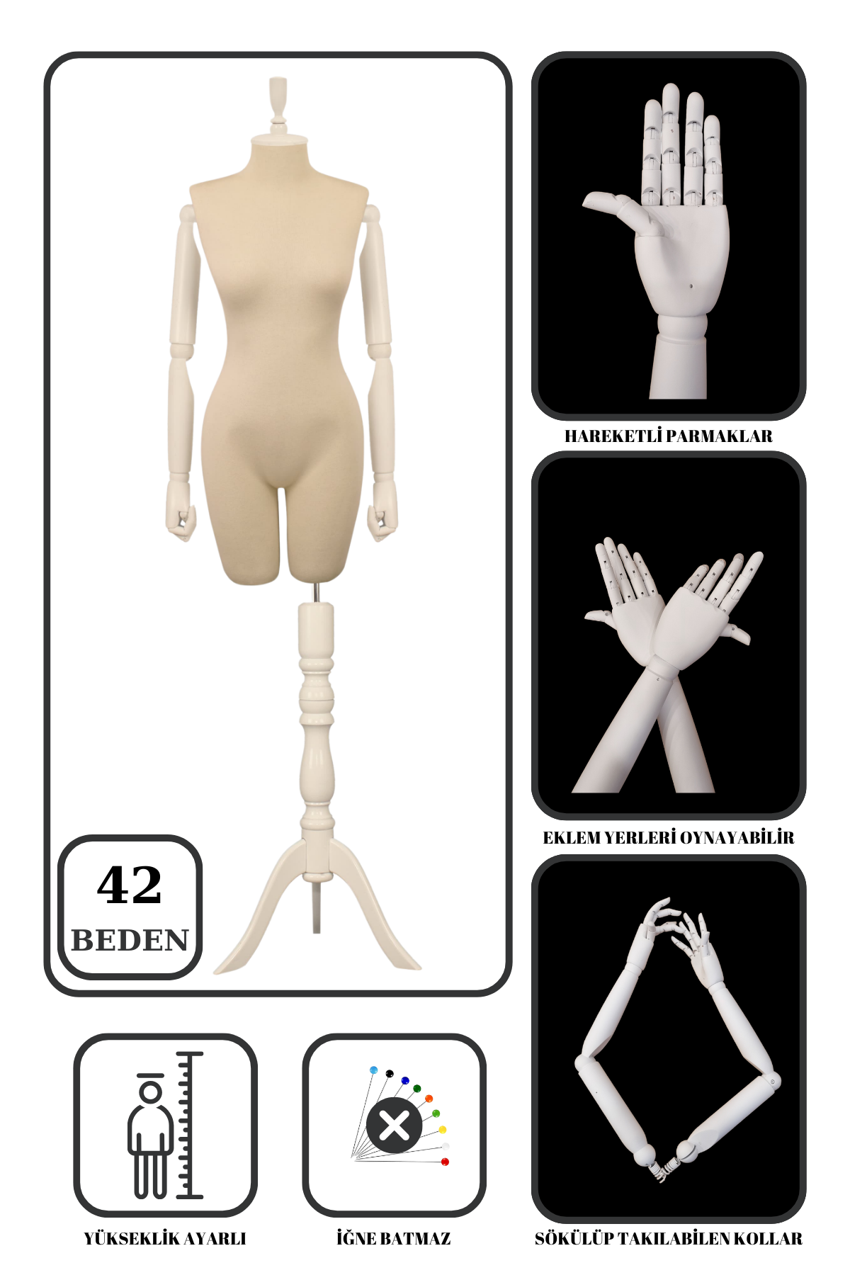 Pantolon Giyebilen Ahşap Kollu Terzi Mankeni Vitrin Mankeni 42 beden
