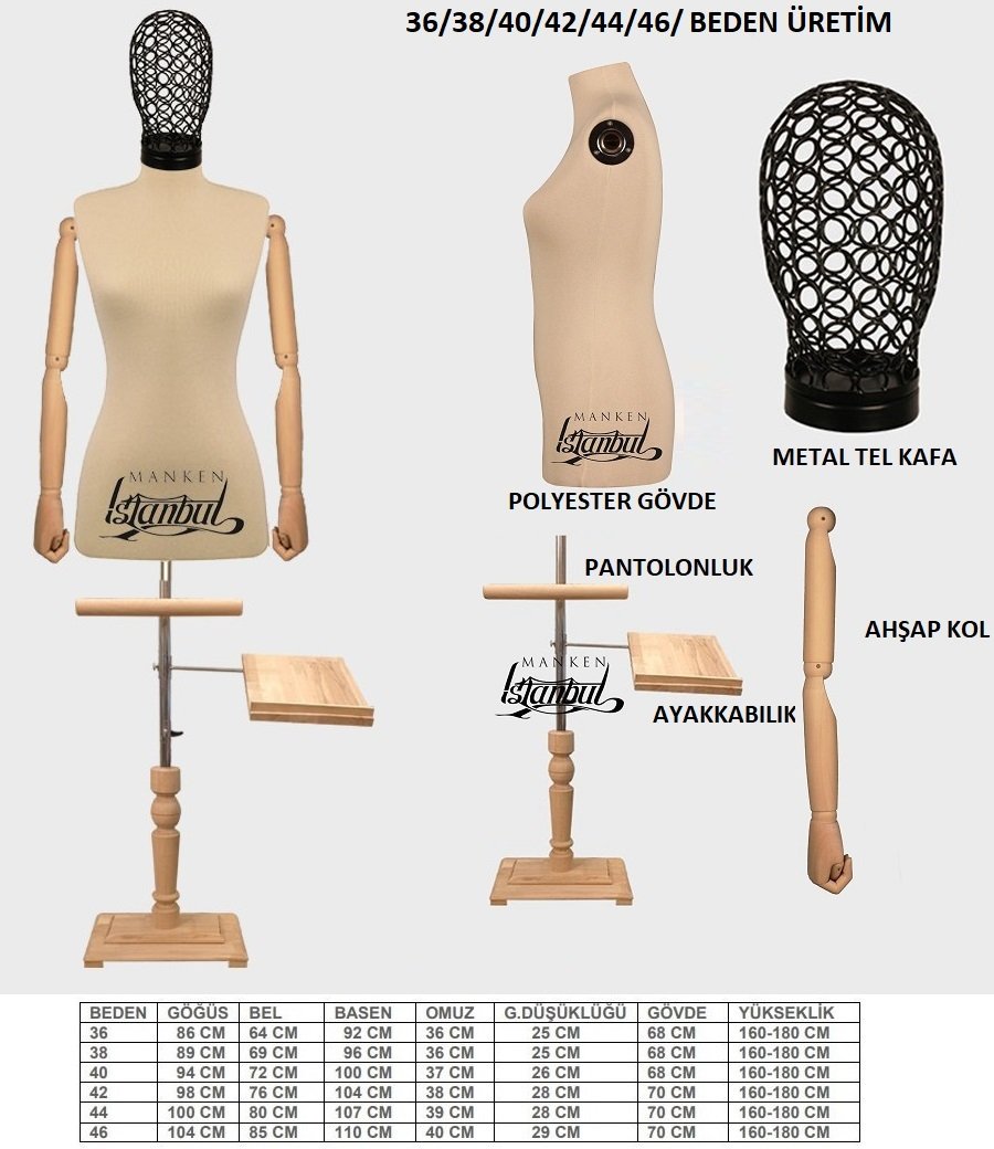 Ahşap Kollu Lüks Ayaklı Terzi Mankeni Vitrin Mankeni