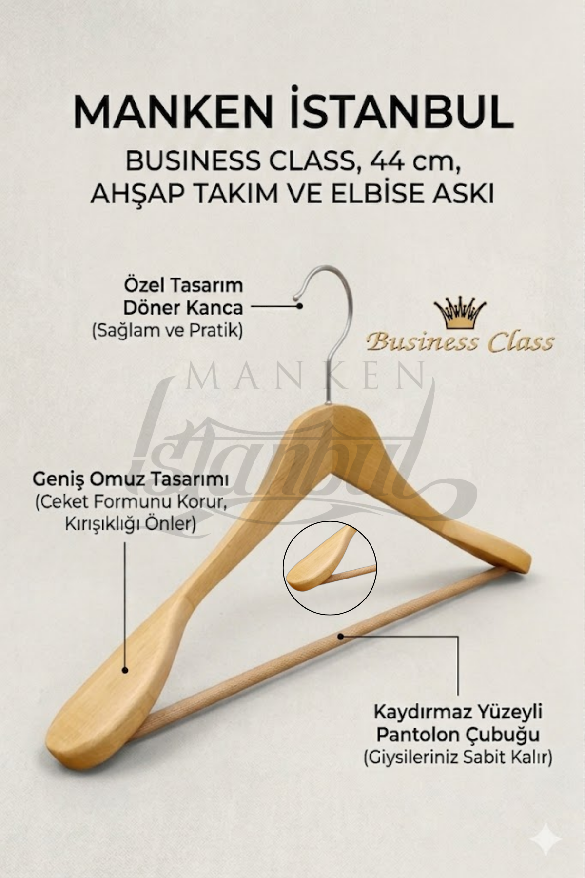 10 Adet 44 Cm Business Class Masif Ahşap İtalyan Kanca Takım Elbise Askısı