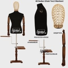 Erkek Tel Kafalı Ahşap Kollu Lüks Ayaklı Terzi Mankeni Vitrin Mankeni