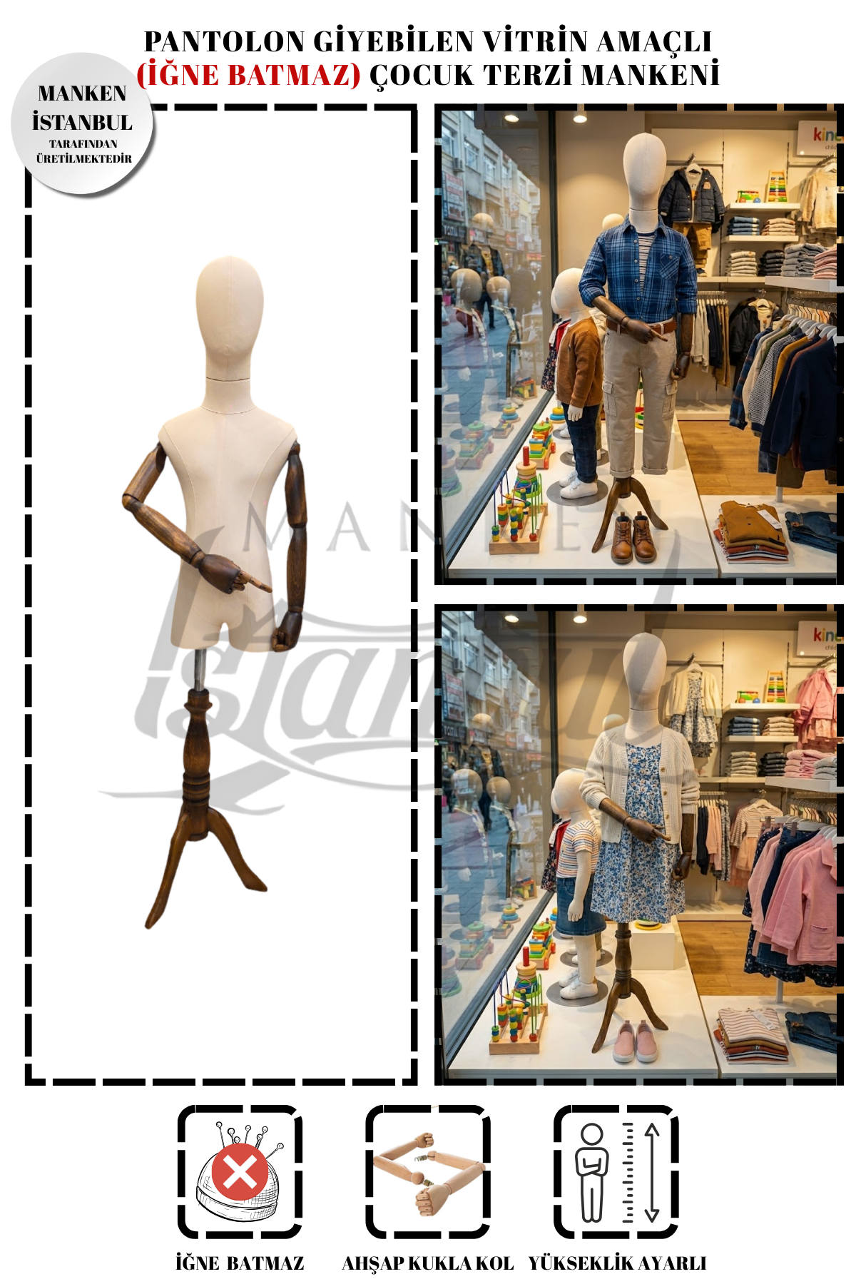 Keten Kumaş Ahşap Kollu Kumaş Kafa Çocuk Terzi Mankeni Vitrin Mankeni
