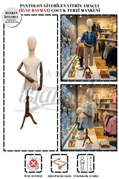 Keten Kumaş Ahşap Kollu Kumaş Kafa Çocuk Terzi Mankeni Vitrin Mankeni