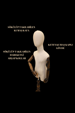 Keten Kumaş Ahşap Kollu Kumaş Kafa Çocuk Terzi Mankeni Vitrin Mankeni