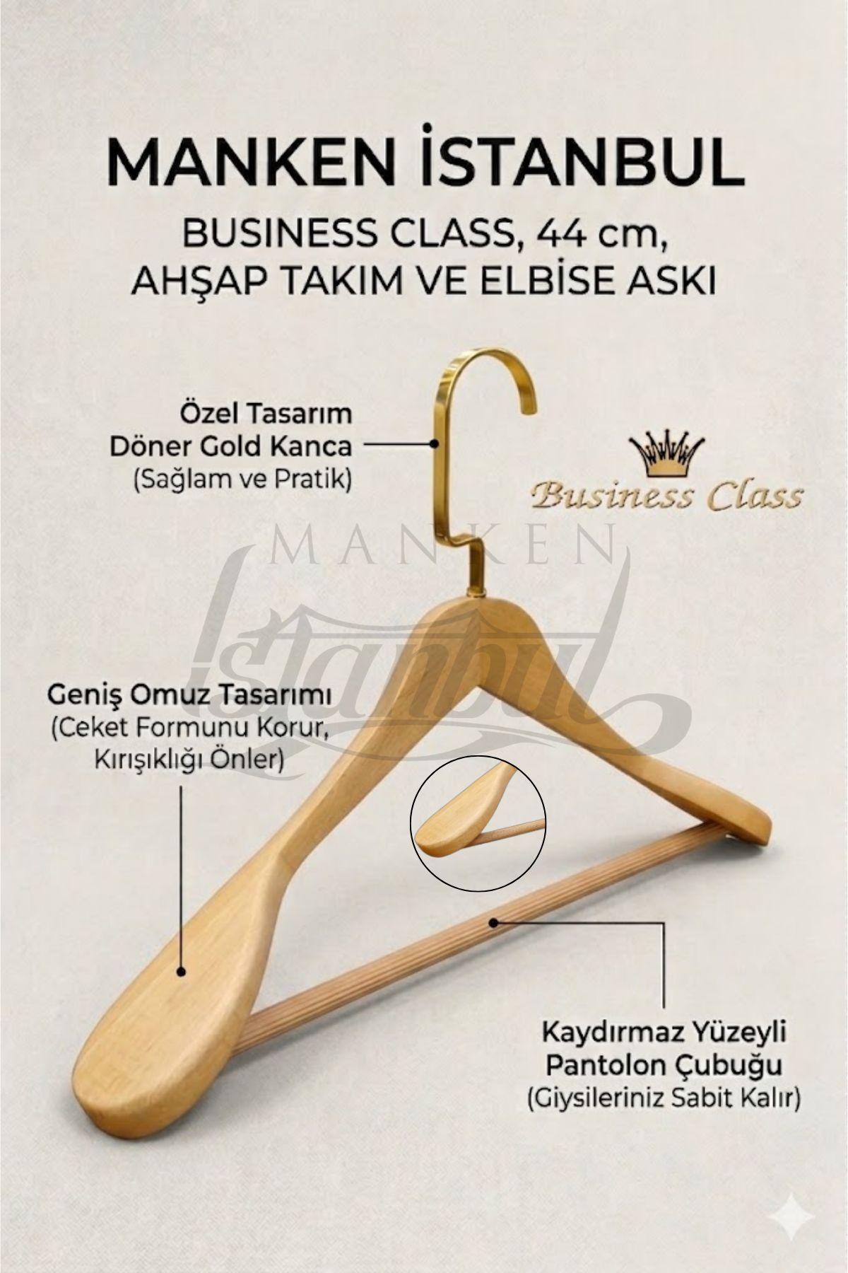 10 Adet 44 Cm Business Class Masif Ahşap İtalyan Kanca Ceket Askısı