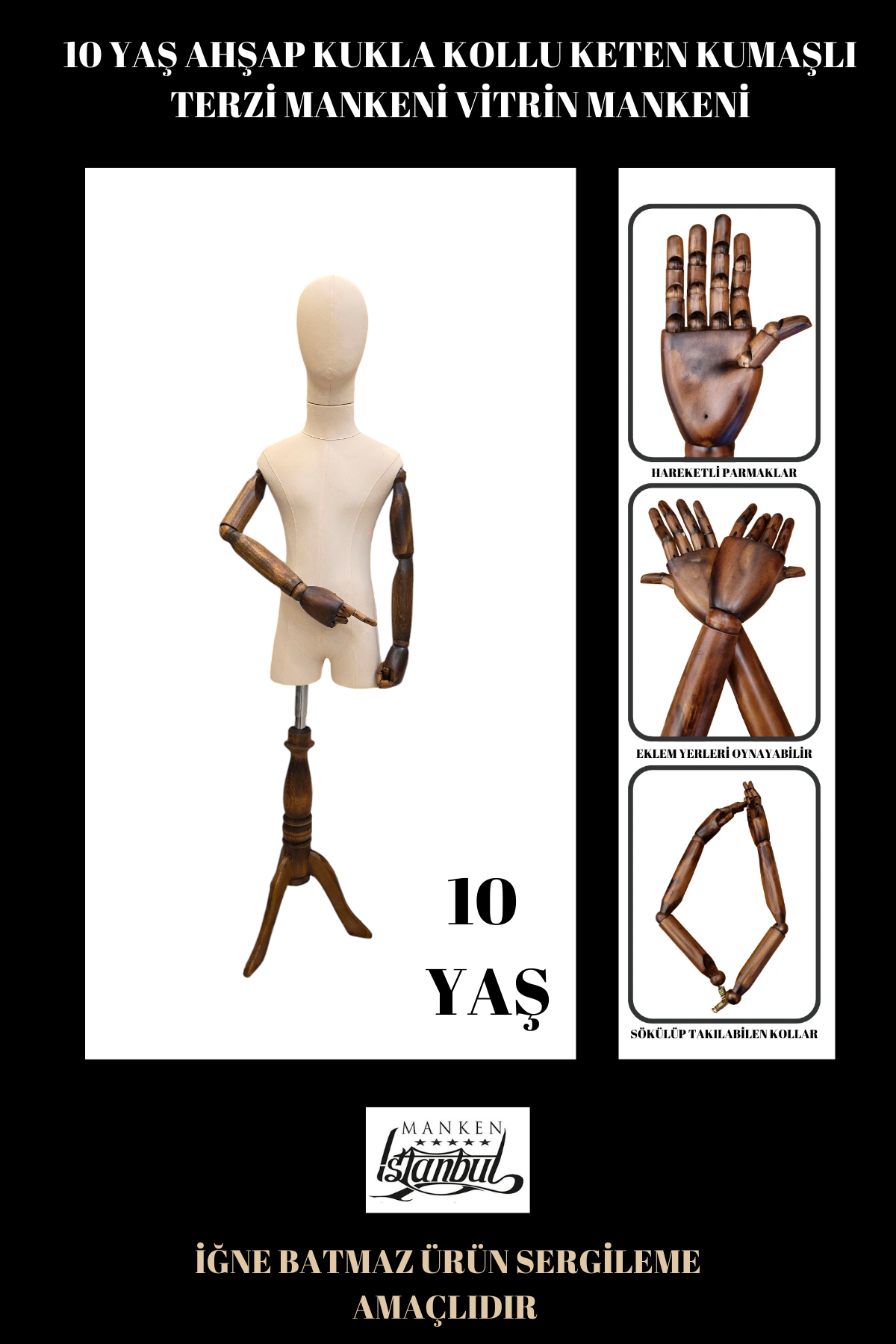 Keten Kumaş Ahşap Kollu Kumaş Kafa Çocuk Terzi Mankeni Vitrin Mankeni 10 YAŞ