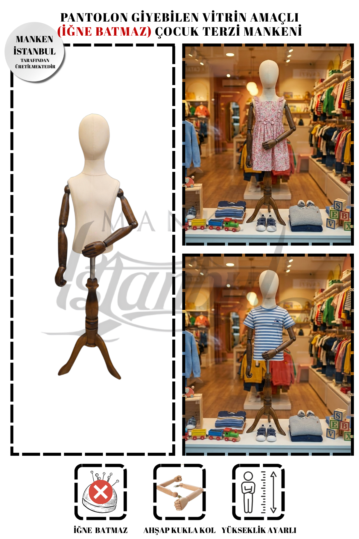 Ahşap Kollu Çocuk Terzi Mankeni Vitrin Mankeni