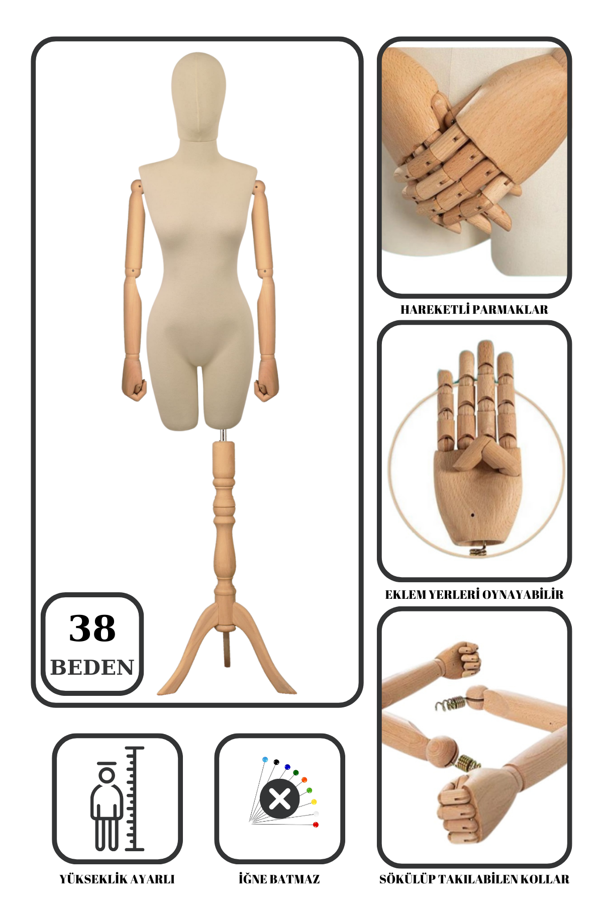 Pantolon Giyebilen Ahşap Kollu Terzi Mankeni Vitrin Mankeni 38 beden