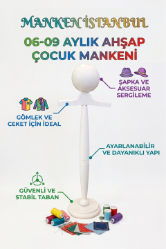 Beyaz Ahşap Çocuk Estetik Vitrin Mankeni 06/09 Aylık