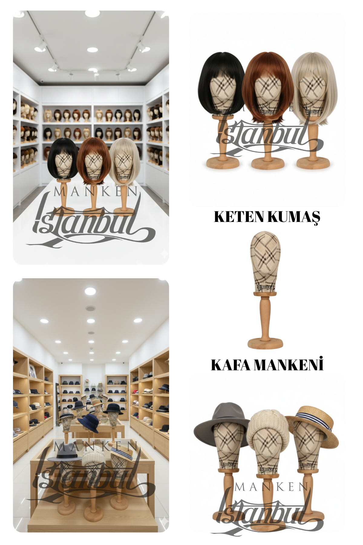 Bayan ahşap standlı kumaş kaplı kafa mankeni