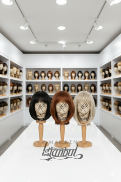 Bayan ahşap standlı kumaş kaplı kafa mankeni