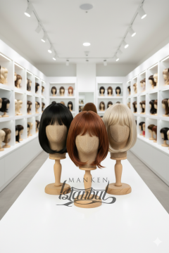 Bayan ahşap standlı kumaş kaplı kafa mankeni