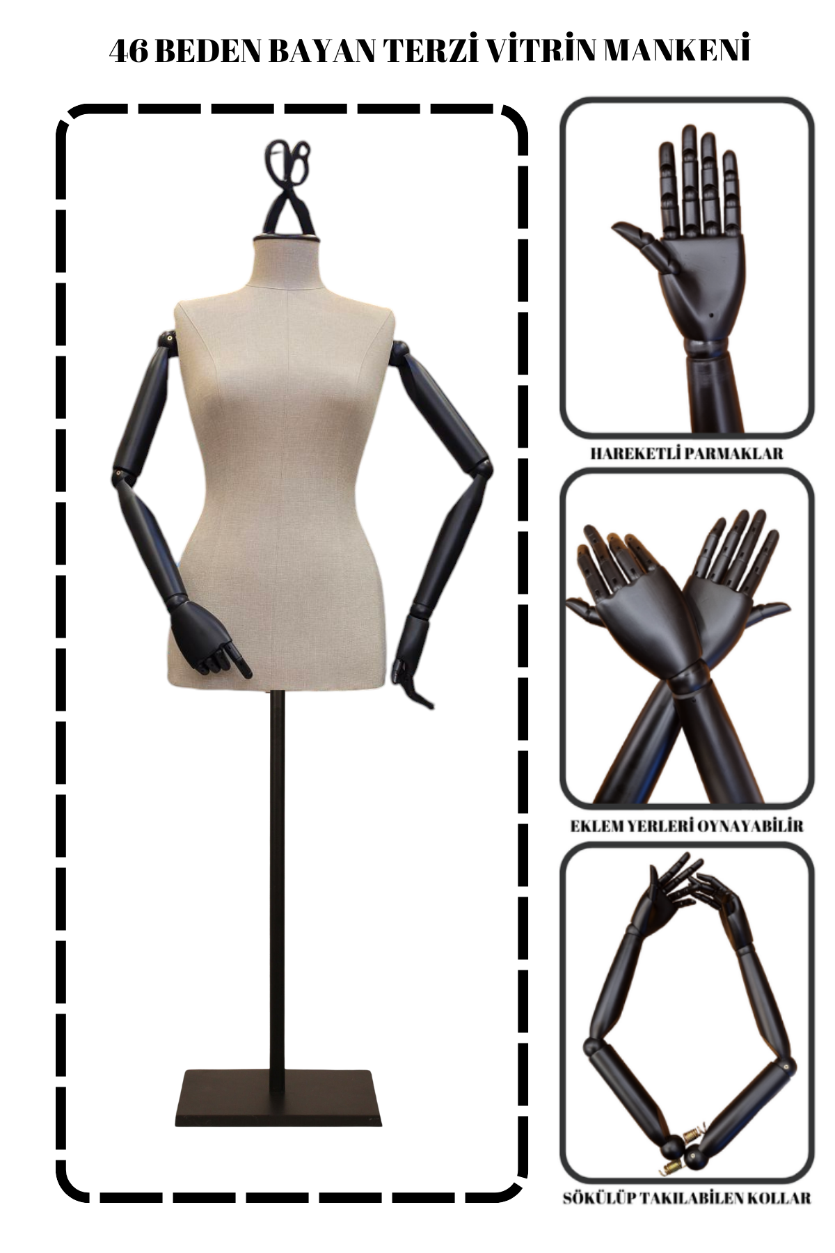 Delüks Büyük Beden (XL-XXL) Ahşap Kollu Terzi Mankeni Vitrin Mankeni