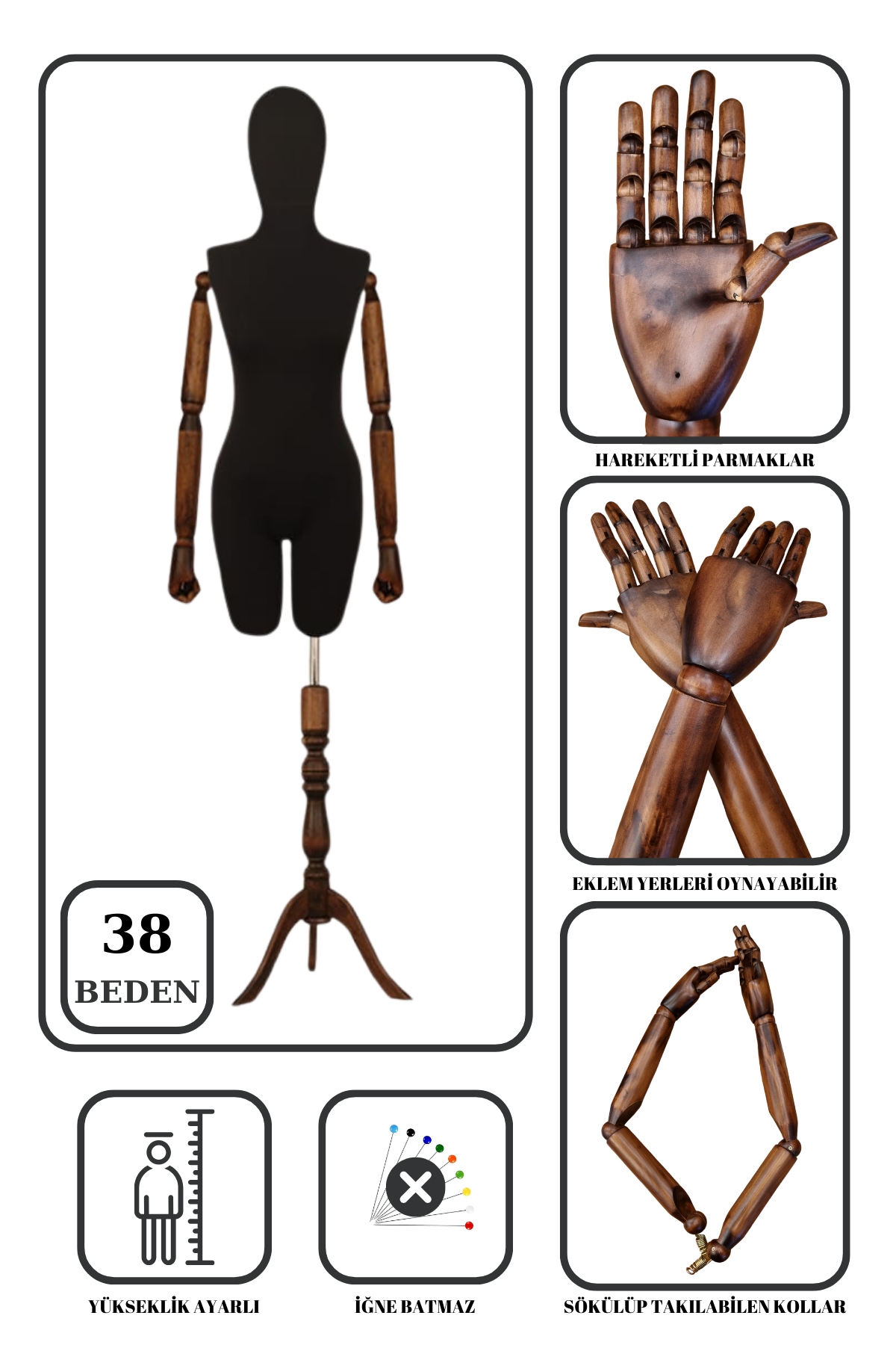 Pantolon Giyebilen Ahşap Kollu Terzi Mankeni Vitrin Mankeni 38 beden