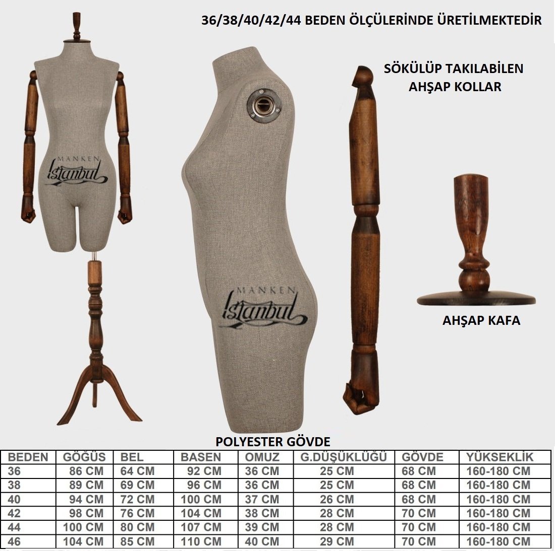 Keten Kumaş Pantolon giyebilen Ahşap Kol Terzi Mankeni Vitrin Mankeni