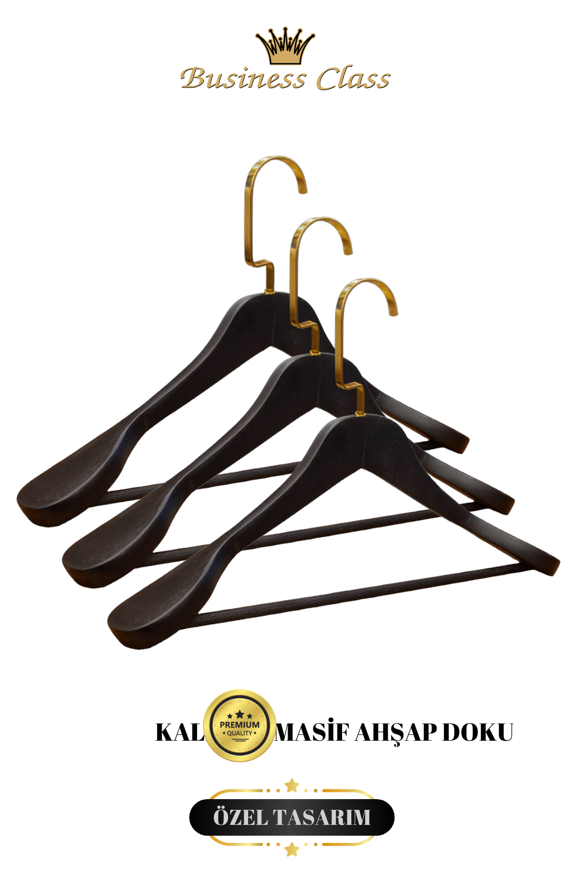 Business Class 5 Adet 44 Cm Masif Siyah Ahşap Palto Ceket askısı 3 ADET