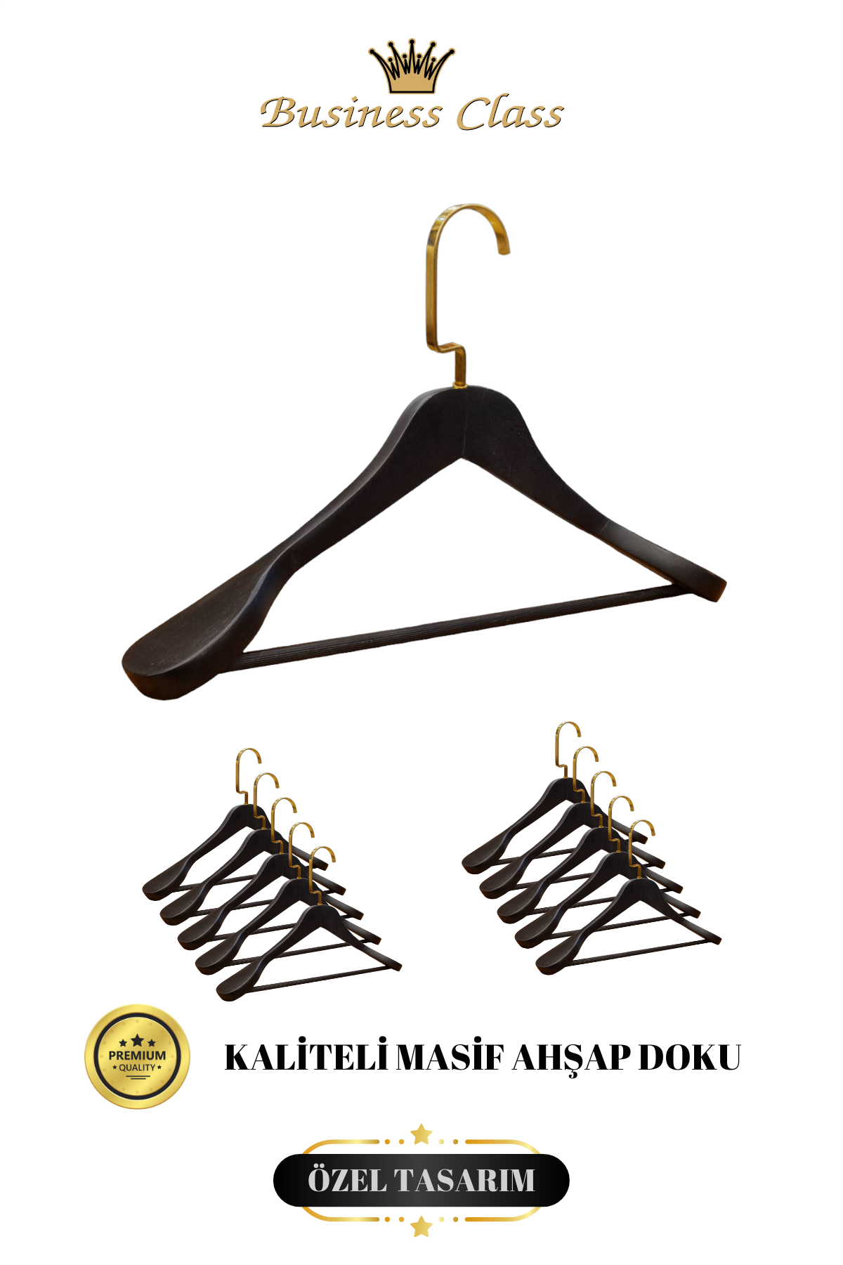 Business Class 5 Adet 44 Cm Masif Siyah Ahşap Palto Ceket askısı 10 ADET