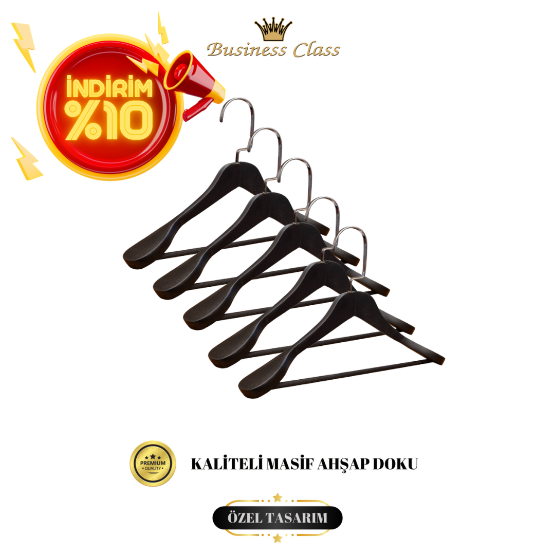 Business Class 5 Adet 44 Cm Masif Siyah Ahşap Palto Ceket askısı