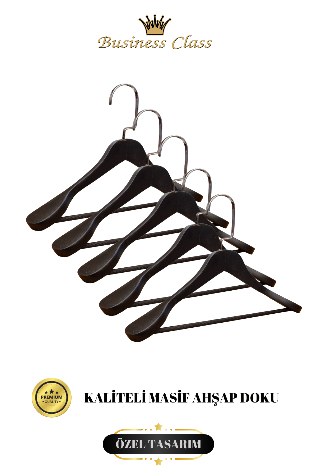 Business Class 5 Adet 44 Cm Masif Siyah Ahşap Palto Ceket askısı 5 ADET