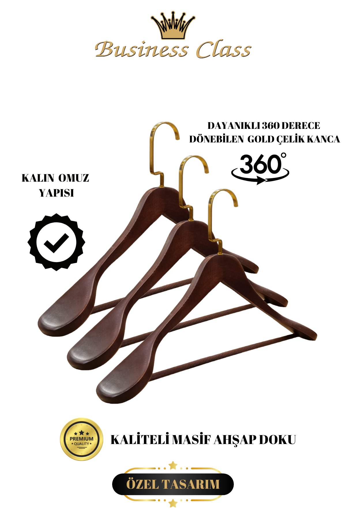 Business Class 5 Adet 44 Cm Masif  Ahşap Palto Ceket askısı 3 ADET