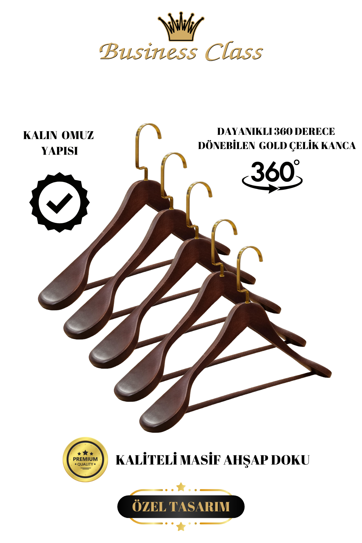 Business Class 5 Adet 44 Cm Masif  Ahşap Palto Ceket askısı 5 ADET
