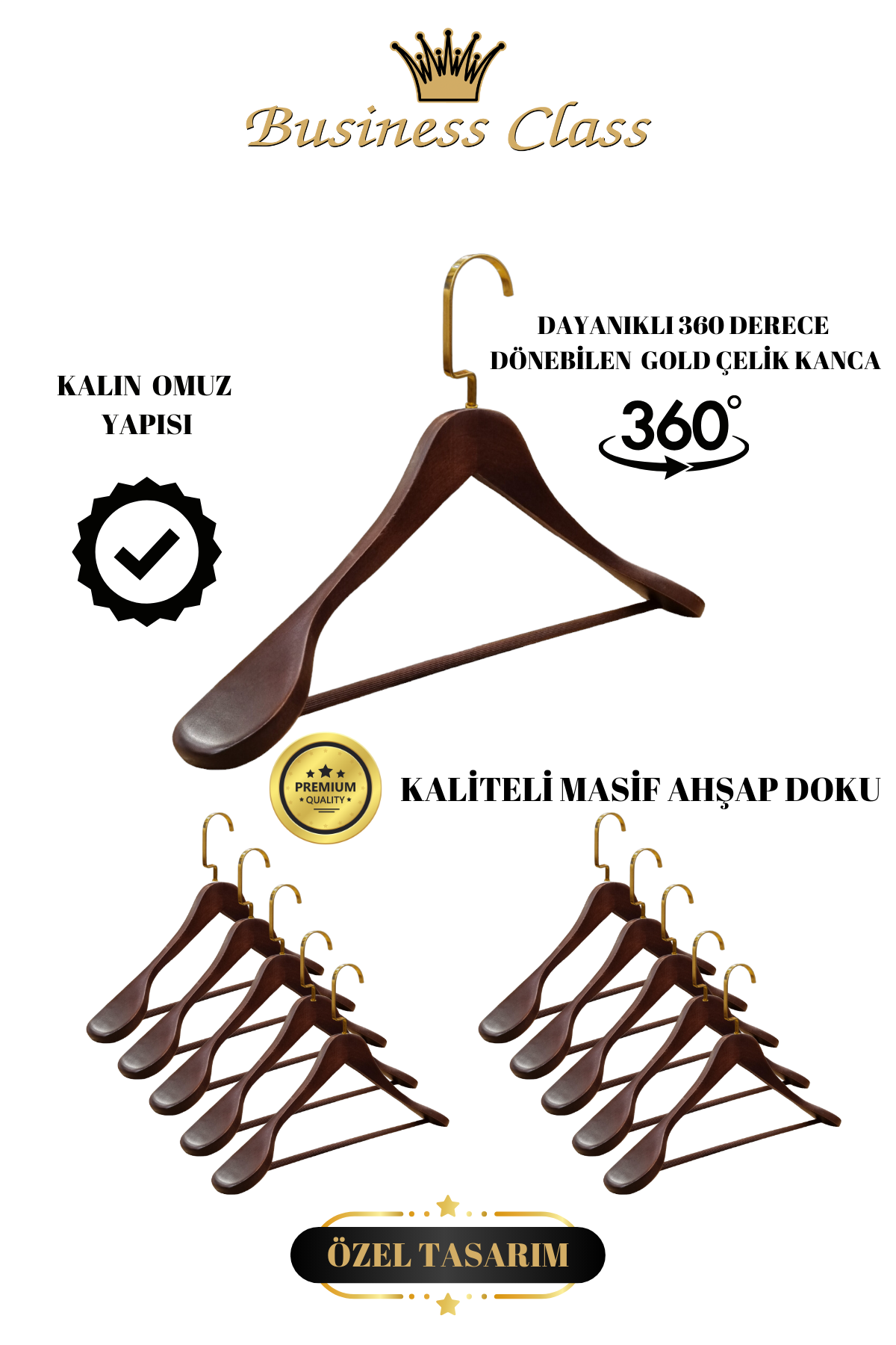 Business Class 5 Adet 44 Cm Masif  Ahşap Palto Ceket askısı 10 ADET