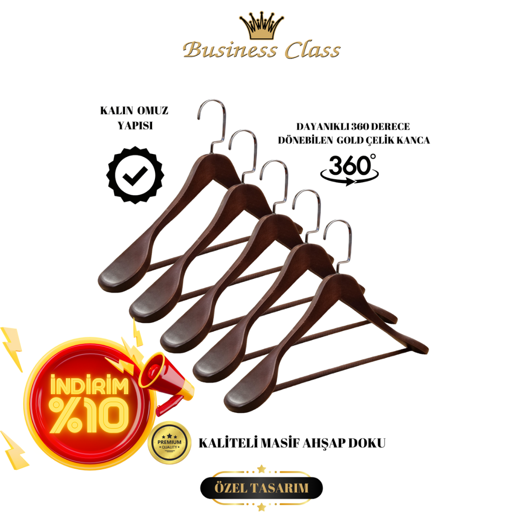 Business Class 5 Adet 44 Cm Masif  Ahşap Palto Ceket askısı