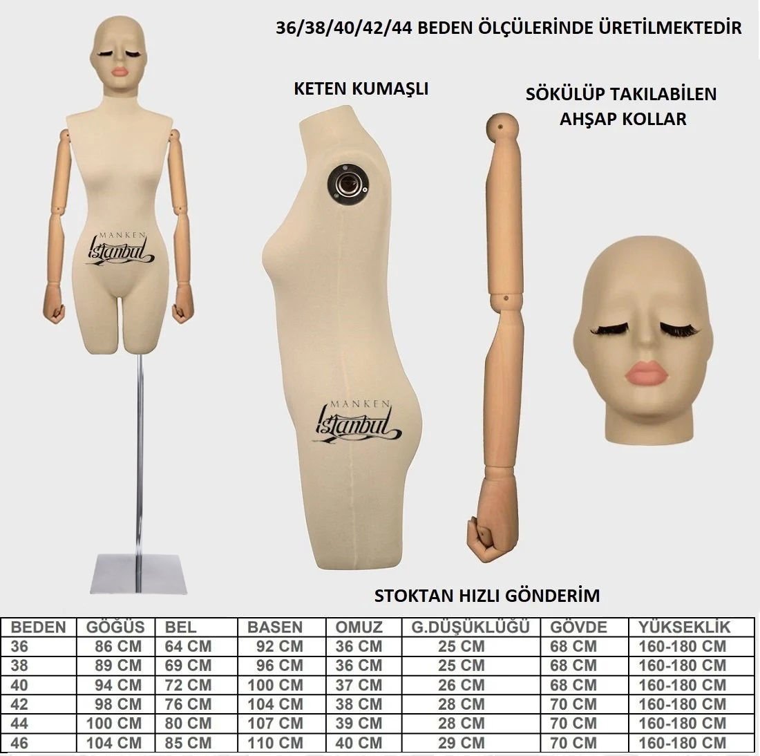 Pantolon Giyebilen Ahşap Kollu Özel Kafa Terzi Mankeni Vitrin Mankeni