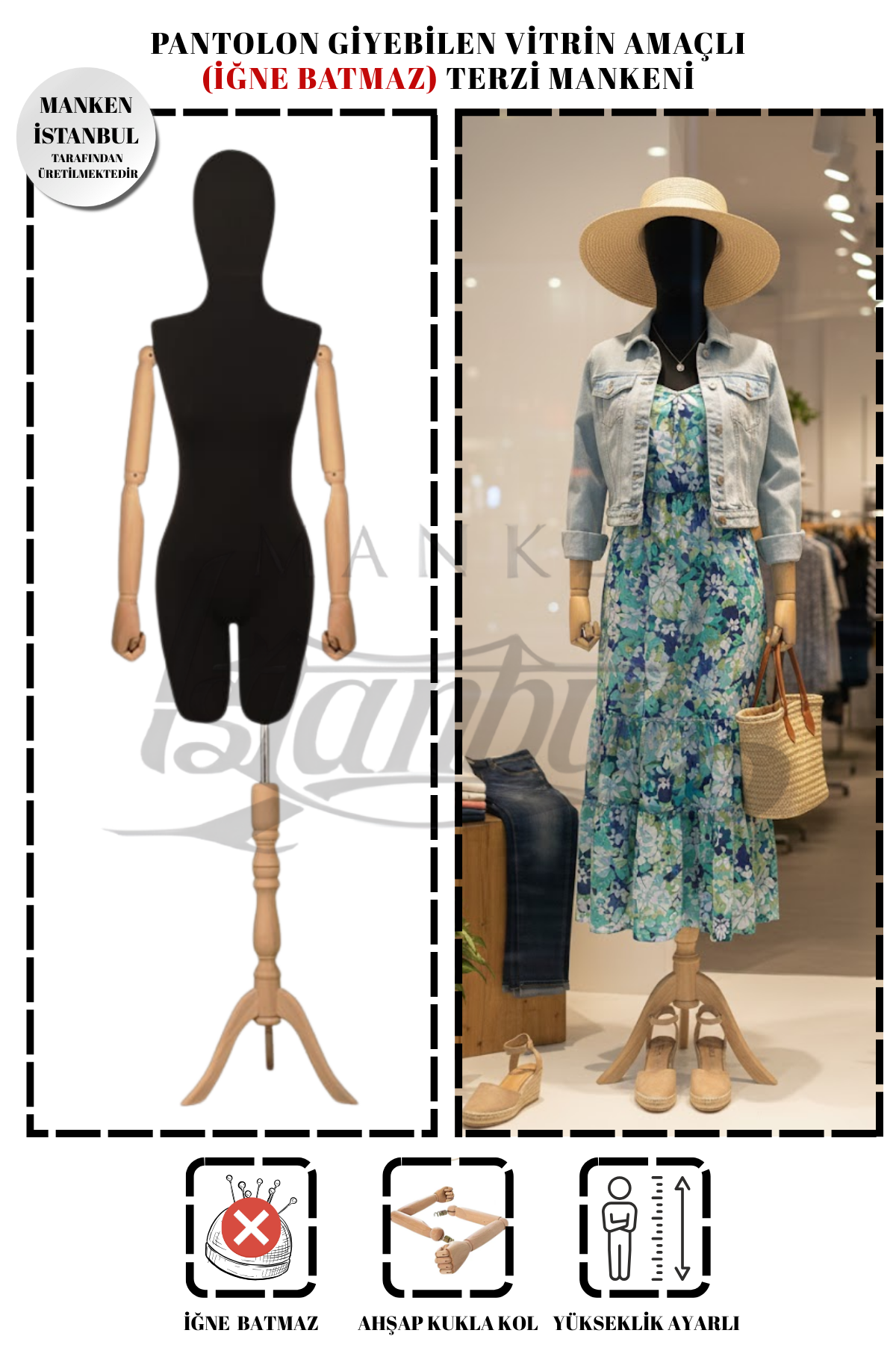 Pantolon Giyebilen Ahşap Kollu Terzi Mankeni Vitrin Mankeni